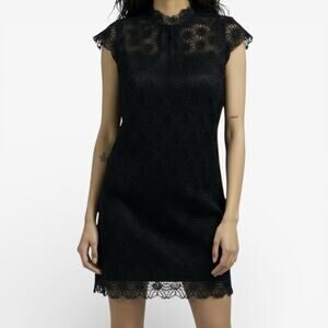 Milly Black Floral High Neck Scallop Overlay Slip Shift Dress Sz 6